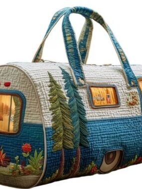 Quilted Camper Duffle weekender Bag with Forest Appliqué